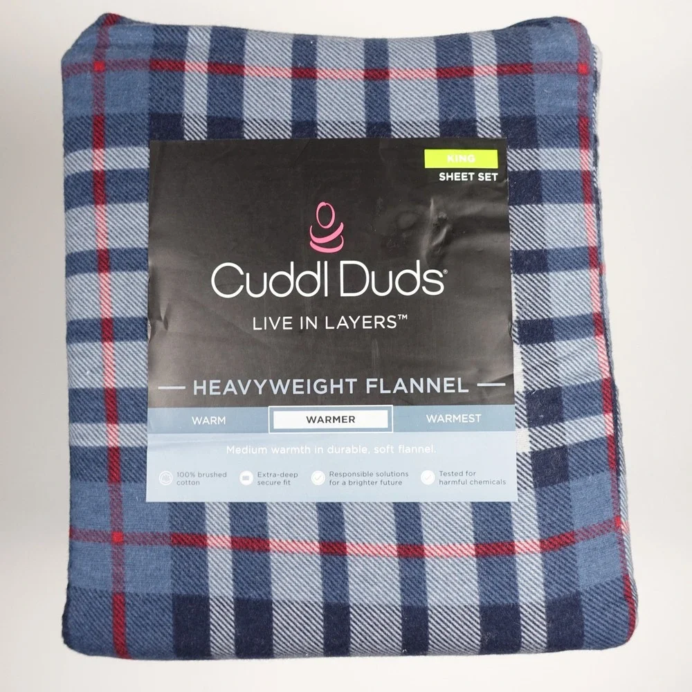 Cuddl Duds King Sheet Set Heavyweight Flannel Navy Red Plaid 100% Cotton NEW